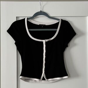 Dynamite Black Crop Top with White Contrast Trim and Buttons